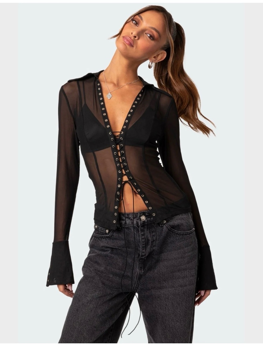 Edikted Black Sheer Lace-Up Mesh Blouse